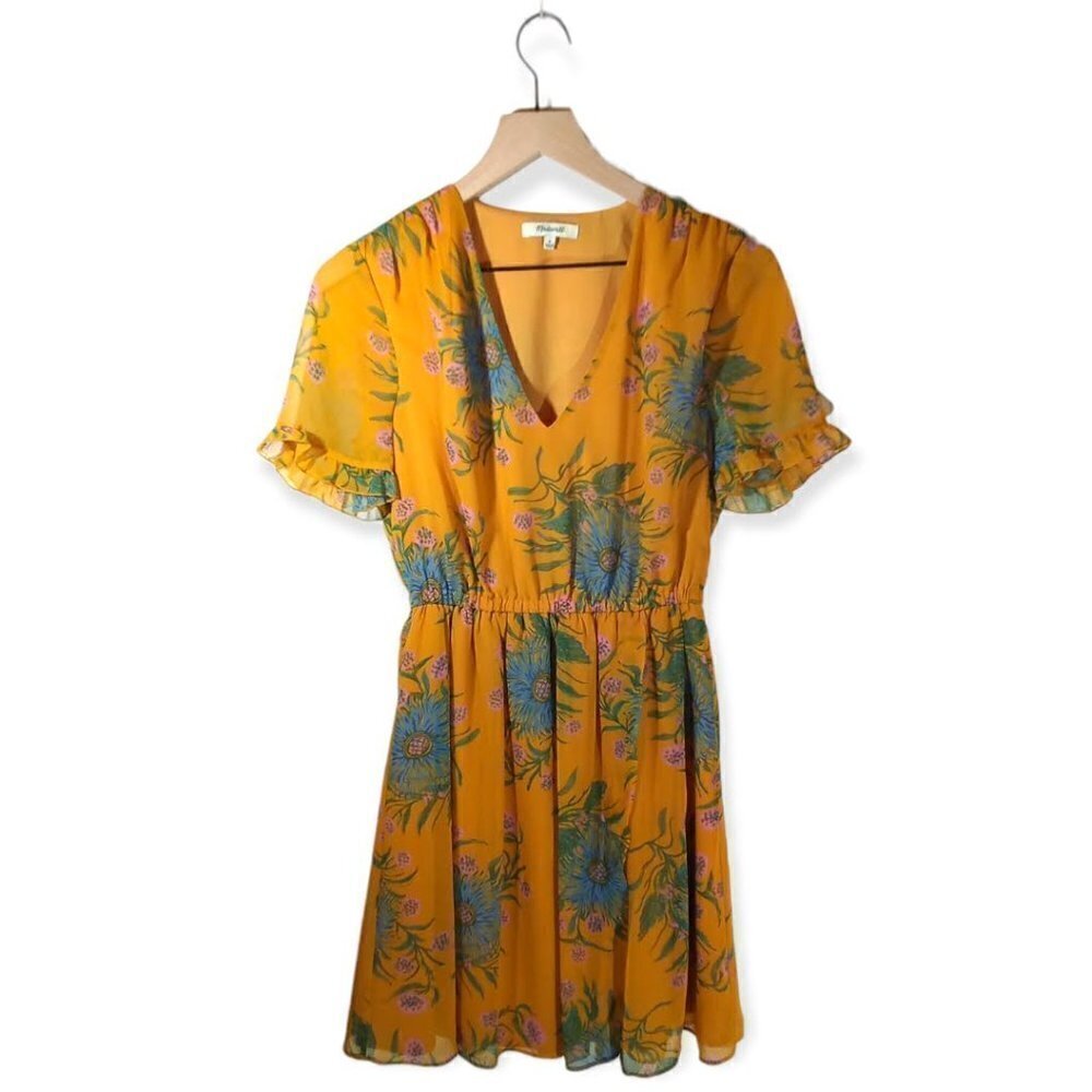 𝅺madewell Sweetgrass Ruffle-Sleeve Dress in Painted Blooms Size 0
